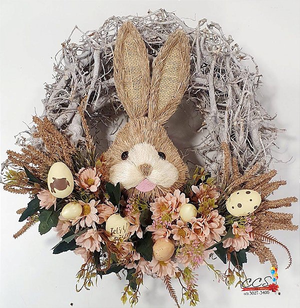 Guirlanda Rustica com Coelho de Palha e Flores 45x50cm - CCS Decorações