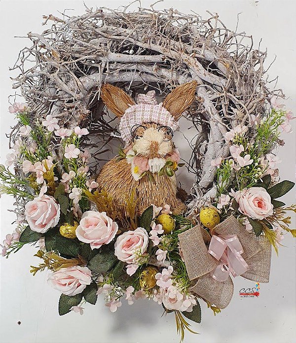 Guirlanda Rustica Galhos Branca com Coelha de Palha de Óculos, Flores e Ovinhos 40x40x20cm -
