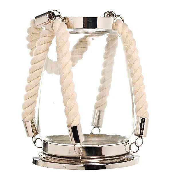 Porta Vela com Base e Borda de Metal e Alça de Sisal 39cm - Coleção Lanternas - Ref 1593237 Cromus