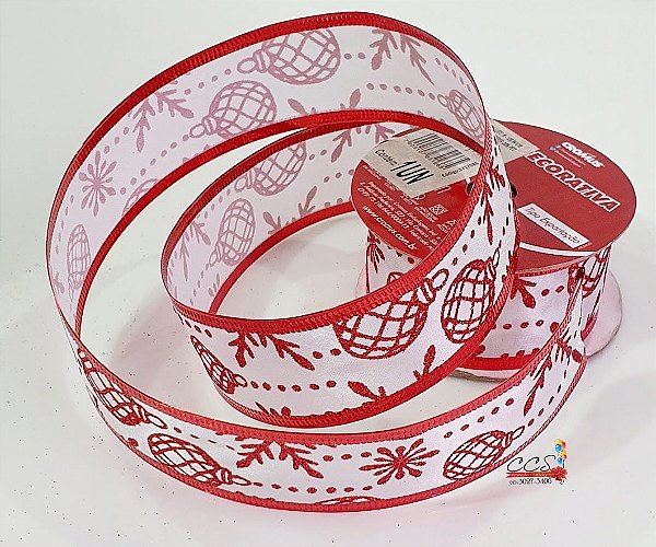 Fita de Natal Aramada Branca com Estampa GLitter de Bolas de Natal 3,8x9,14cm - Fitas Natalinas - Ref 1717086 Cromus Natal