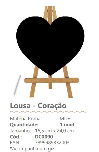 Lousa Decorativa de MDF Formato Coração 16x24cm Com 1 Giz - Ref DC0090 - Grintoy
