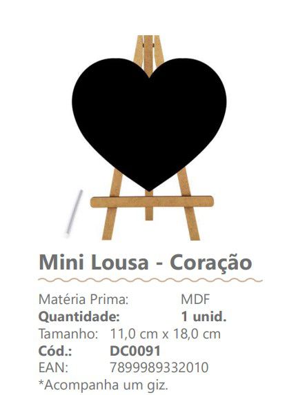 Mini Lousa Decorativa de MDF Formato Coração 11x18cm Com 1 Giz - Ref DC0091 - Grintoy