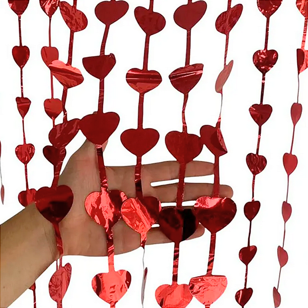 Cortina Decorativa Metalizada Vermelha Corações 2mts HA381 - Silver
