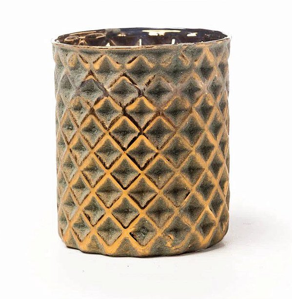 Vaso de Vidro Porta Vela Verde com Dourado Quadriculado 8.5x11cm - Home Decor - Ref 1241289 Cromus