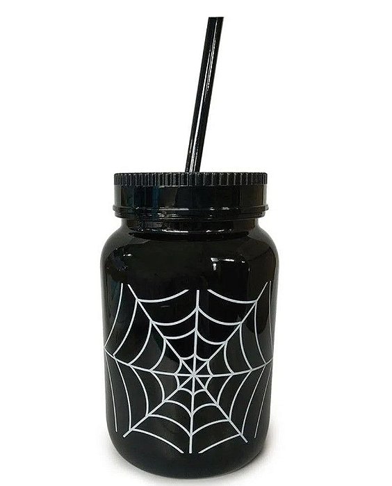 Copo de Plástico Preto com Tampa e Canudo Teia de Aranha 8x8x14 - Ref 29002500 Halloween Cromus