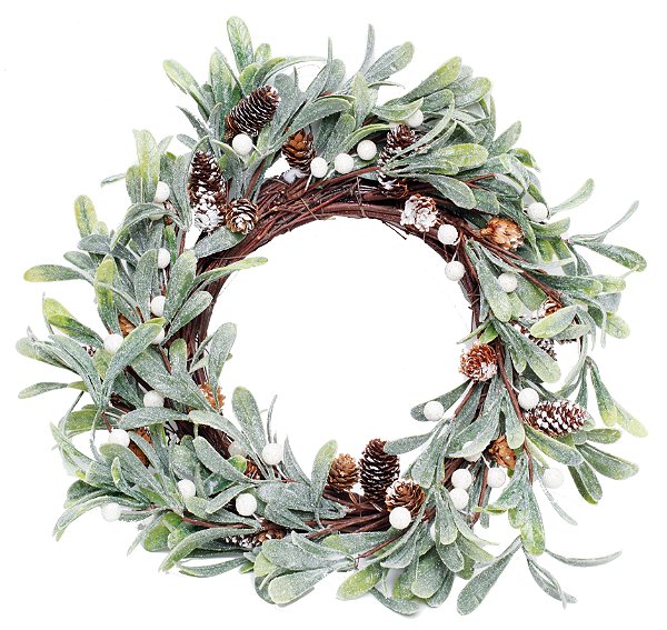 Guirlanda de Natal Decorada Verde Nevado e Frutas Brancas 33cm - Mini Guirlanda - Ref 1206379 Cromus