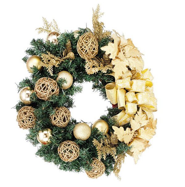 Guirlanda de Natal Decorada Flores e Bolas Ouro 40cm - Ref 1030650 Cromus