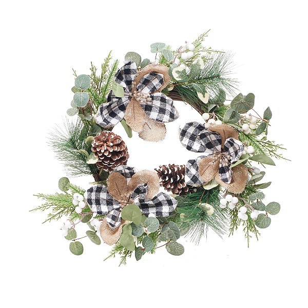 Guirlanda de Natal Decorada com Flores de Juta e Xadrez Preto e Branco 40x40cm Ref 1921752 Cromus