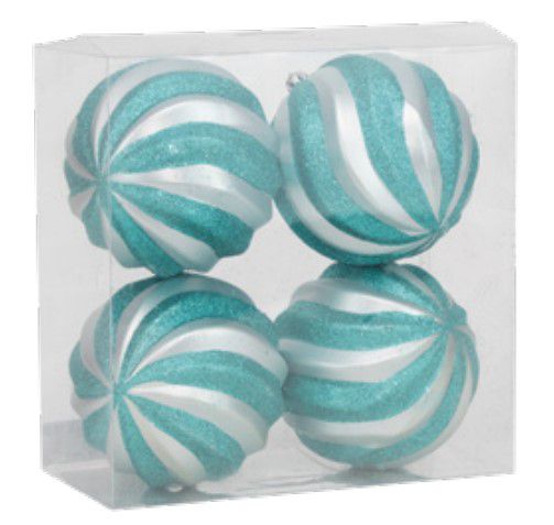Bolas de Natal Listrada Espiral Tiffany e Prata 10 cm com 4 Unidades - Ref 1020191 Cromus