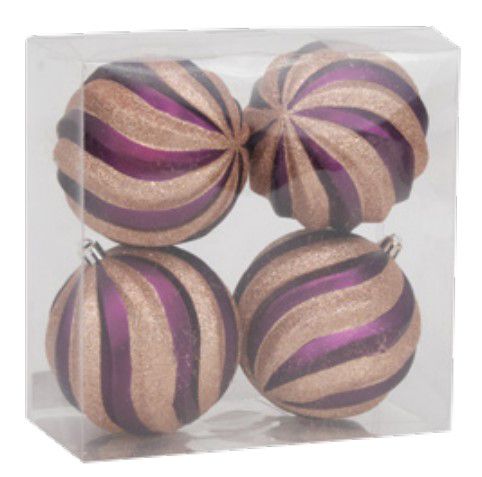 Bolas de Natal Listrada Espiral Roxo e Dourado 10 cm com 4 Unidades - Ref 1020190 Cromus
