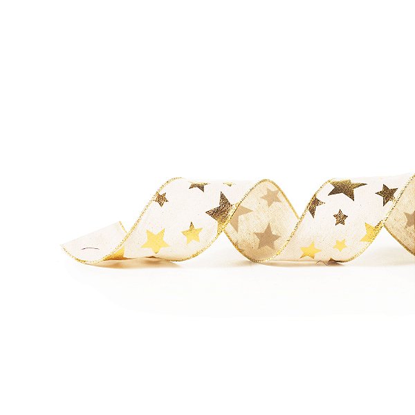 Fita Aramada Cro com Estampas de Estrelas Ouro 6,3cm x 9,14cm - Fitas Natalinas - Ref 1141779 Cromus