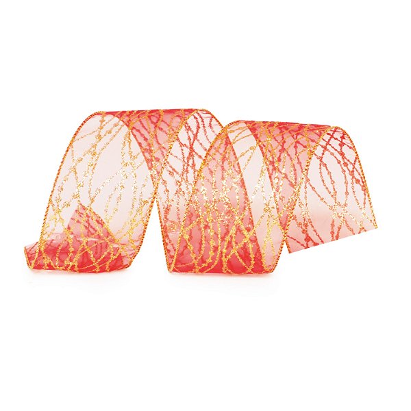 Fta Aramada de Natal Voal Vermelho com Ondas Douradas de Glitter 6,3cm x914cm - Fitas Natalinas - Ref 1316957 Cromus