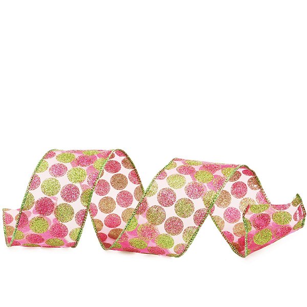 Fita Aramada de Natal Voal com Bolas de Glitter Pink e Verdes 6,3cm x 914cm - Fitas Natalinas - Ref 1213982 Cromus