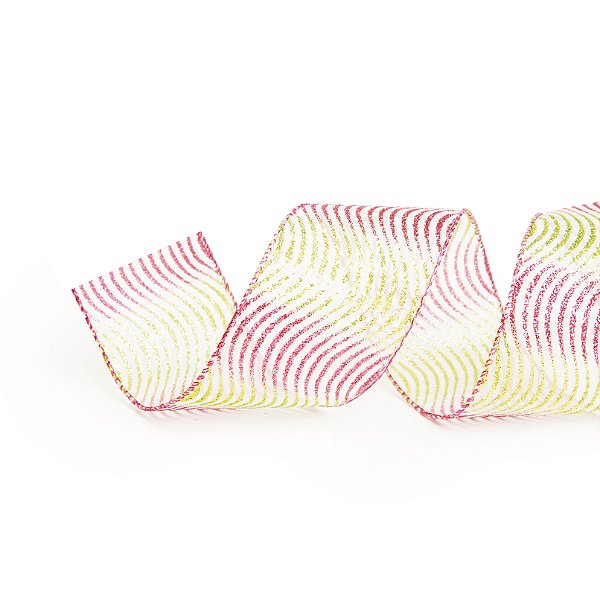 Fita Aramada de Voal Ondas de Glitter Rosa e Verde 3,8cm x 914cm - Fitas Natalinas - Ref 1413960 Cromus