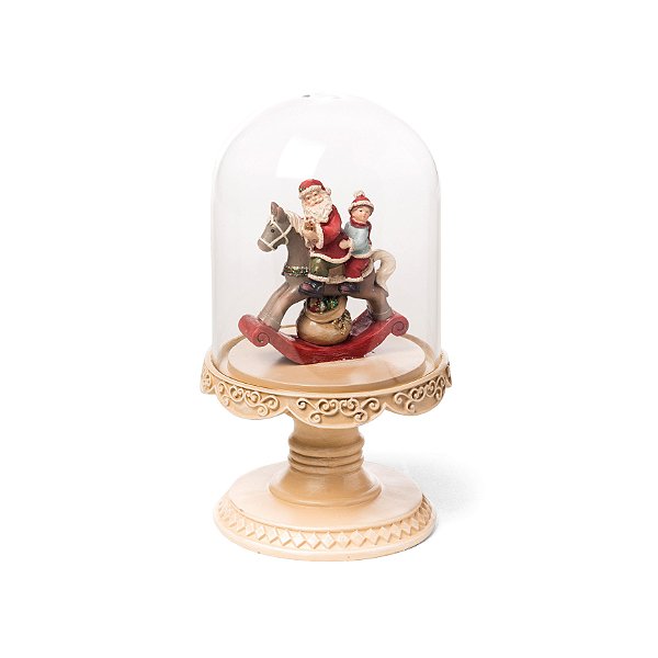 Cupula de Vidro com Base de Resina Papai Noel com Criança no Cavalo de Balanço - Coleção Santa Claus - Ref 1351533 Cromus