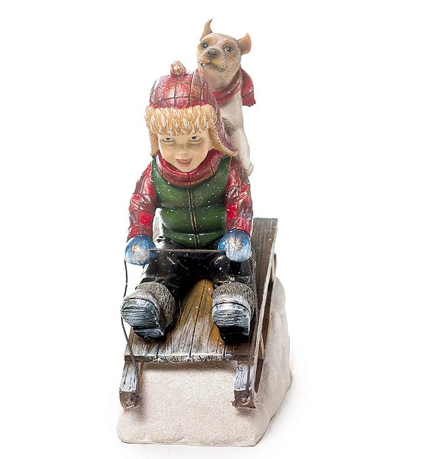 Enfeite de Resina Menino com Cachorro no Trenó - Coleção Santa Claus - Ref 1361869 Cromus