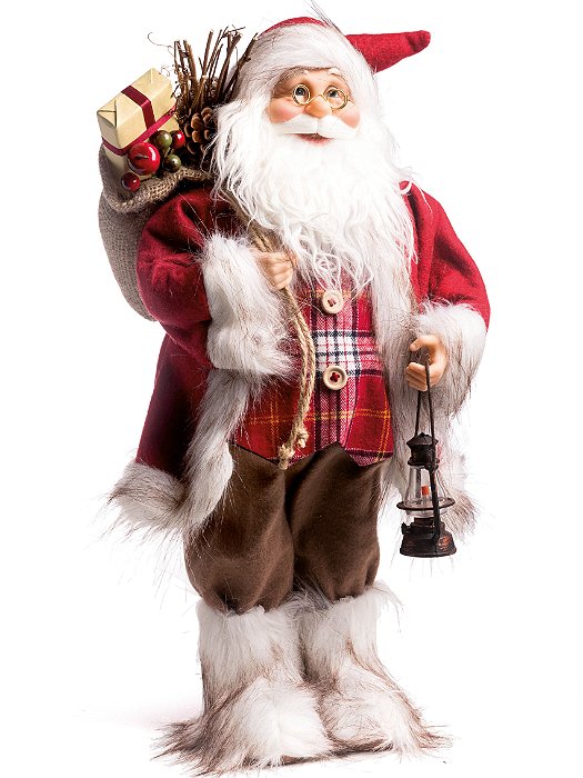 Boneco Papai Noel em Pé com Roupa Xadrez Segurando Lanterna 50cm - Coleção Noeis - Ref 1591009 Cromus