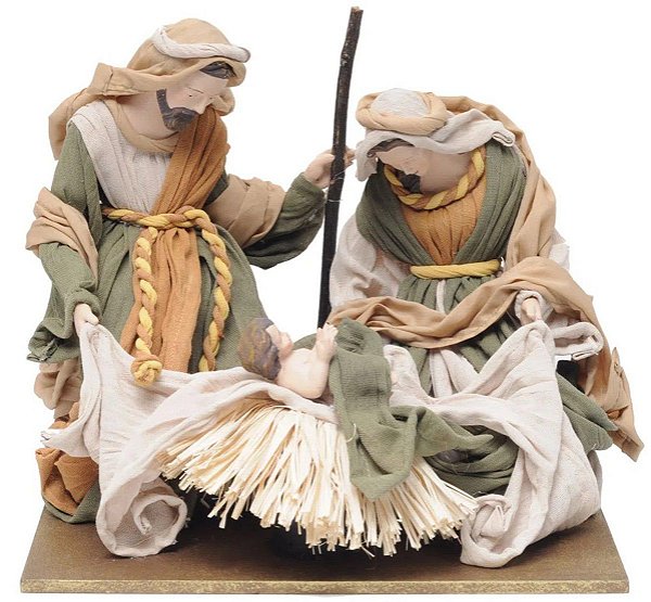 Sagrada Familia de Resina e Tecido Menino Jesus na Manjedoura Verde e Bege - Ref 1020825 Cromus