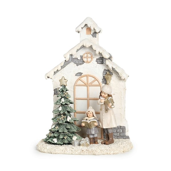 Cenário de Resina Crianças Cantando em Frente a Casa com Led 18x14x7cm - Coleção Classiques - Ref 1209277 Cromus