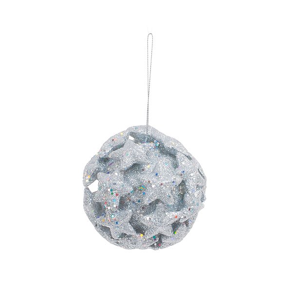Bola de Natal Prata com Estrelas 10cm Jogo com 6Un - Bolas Natalinas - Ref 1011730 Cromus