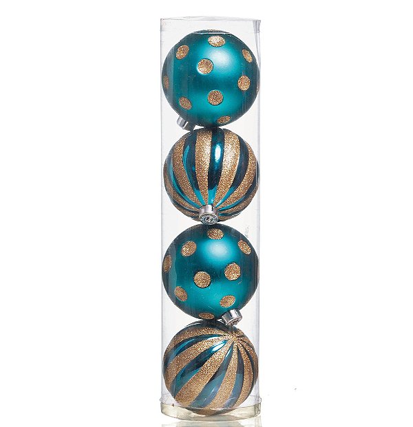 Bolas de Natal Azul Tiffany com Poa e Listras Ouro 12cm Jogo com 4 Un - Bolas Natalinas - Ref 1690304 Cromus