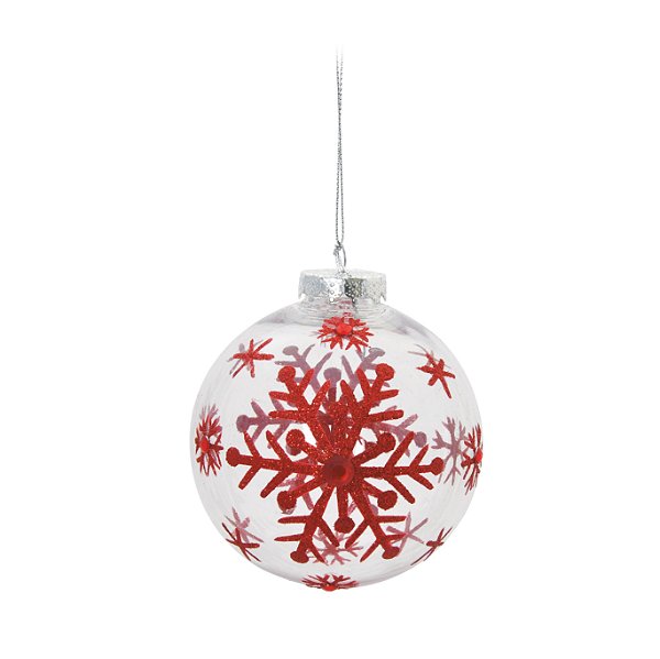Bolas de Natal Incolor com Flocos de Neve Vermelho 8cm Jogo com 6Un - Bolas Natalinas - Ref 1611876 Cromus