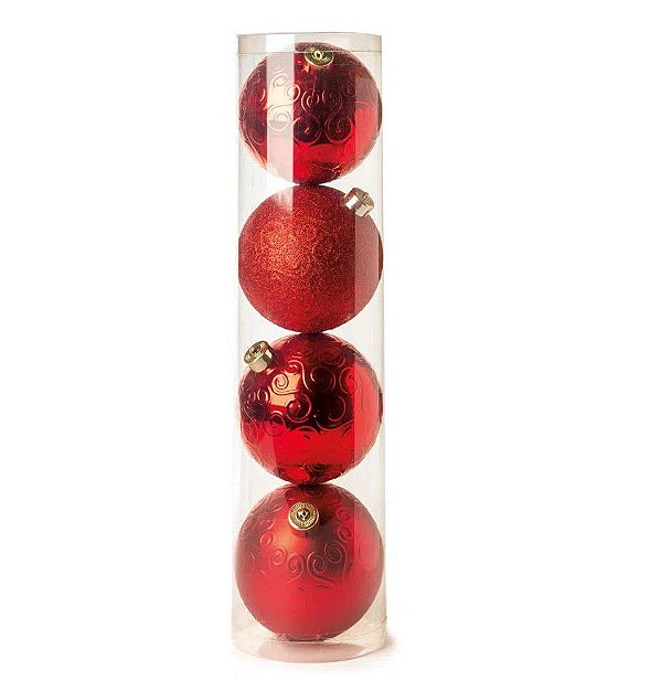 Bolas de Natal Arabesco Brilho Mate e Glitter Vermelha 15cm Jogo com 4Un - Bolas Natalinas - Ref 1712733 Cromus