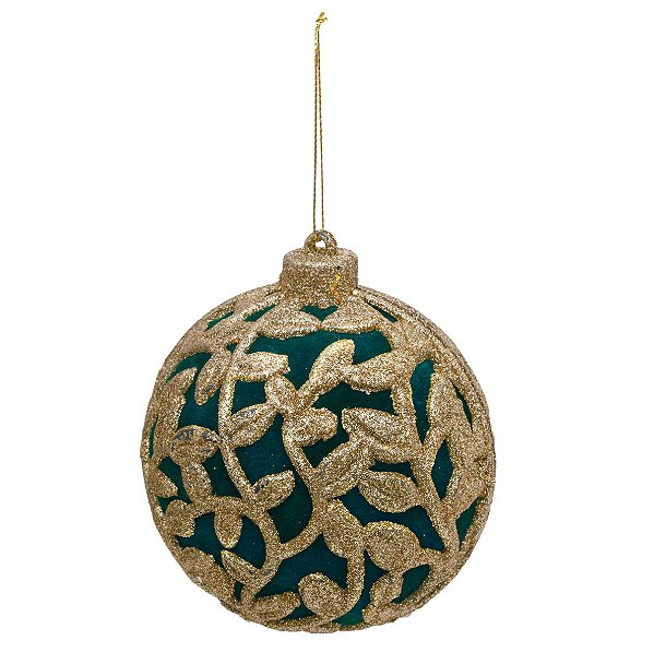 Bolas de Natal Verde Esmeralda com Folhas Douradas 10cm Jogo com 4Un - Bolas Natalinas - Ref 1924669 Cromus