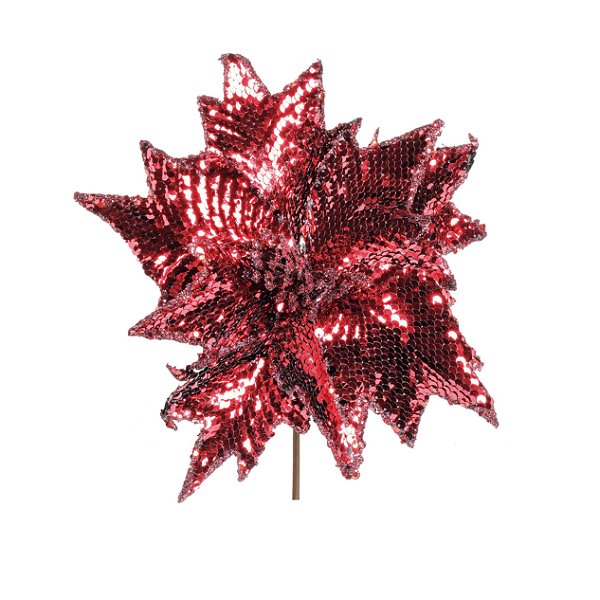 Flor de Natal Poisentia Vermelha com Lantejoula - Flores Cabo Curto - Ref 1200198 Cromus