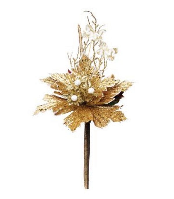 Flor de Natal Poisentia Dourata com Glitter e Galho - Flor Cabo Medio - Ref 1711856 Cromus