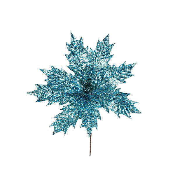 Flor de Natal Poisentia Azul Claro com Glitter - Flores Cabo Curto - Ref 1920467 Cromus