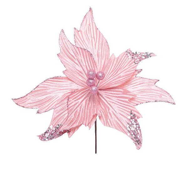 Flor de Natal Poisentia Veludo Rosa Claro com Glitter - Flores Cabo Curto - Ref 1023361 Cromus