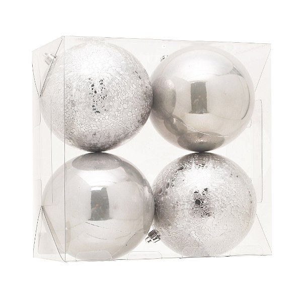 Bola de Natal Perolada e Craquelada Prata 10cm Jogo com 4Un - Bolas Natalindas - Ref 1921322 Cromus