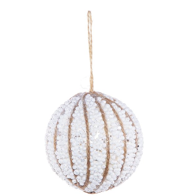Bolas de Natal Branca Nevada com Fios Juta 10cm Jogo com 4Un - Bolas Natalinas - Ref 1595040 Cromus