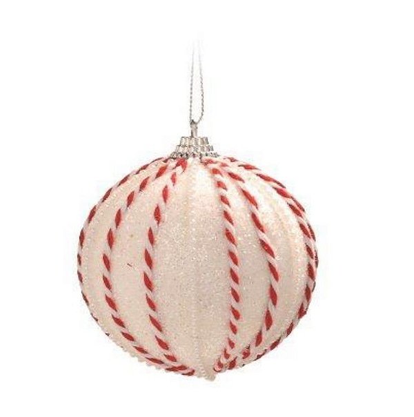 Bolas de Natal Brancas com Cordão Listrado 8cm Jogo com 6Un Trend Candy - Bolas Natalinas - Ref 1592615 Cromus