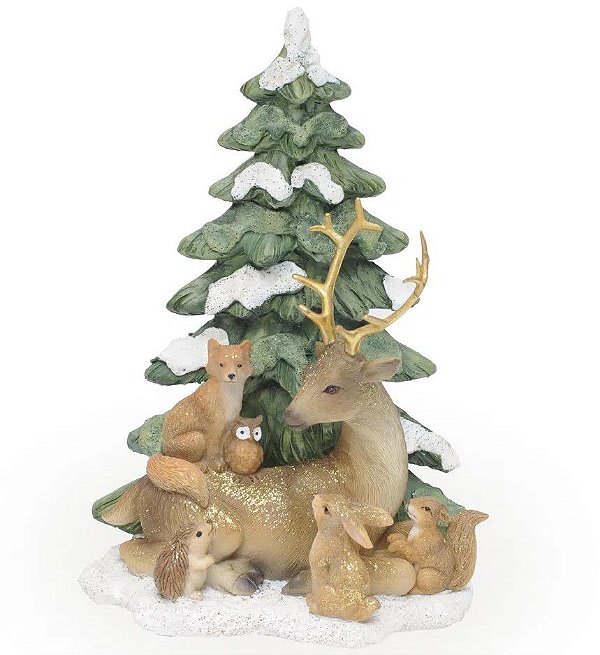 Pinheiro de Resina com Animais da Floresta 20x14cm - Coleção Cena de Natal - Ref 1017683 Cromus