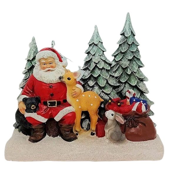 Papai Noel de Resina Sentado com Pinheiros e Animais com Luz e Som - Colecionáveis - Ref 1018091 Cromus