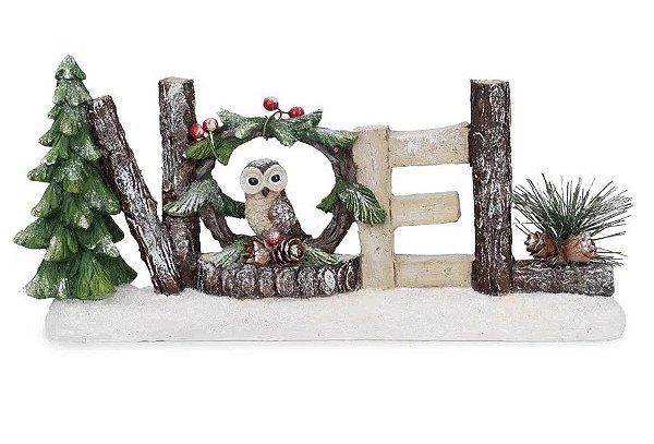 Letreiro de Resina Noel com Pinheiro e Coruja 14x30cm - Cenários de Natal - Ref 1018937 Cromus