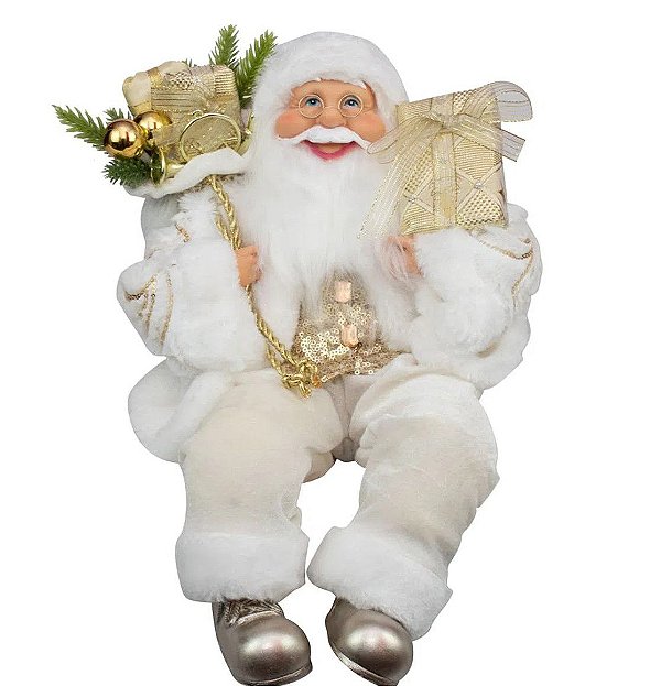 Boneco Papai Noel Sentado com Roupa Branca e Dourada 40cm - Coleção Noeis - Ref 1017096 Cromus