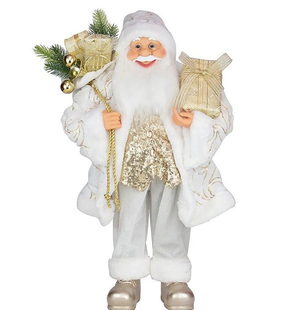 Boneco Papai Noel em Pé com Roupa Branca e Colete Dourado 60cm - Coleção Noeis - Ref 1017094 Cromus