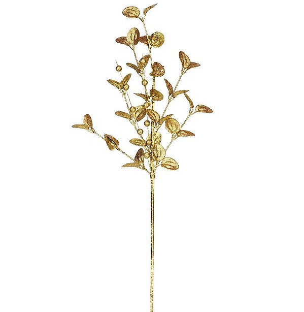 Galho Decorativo de Natal Folhas e Bolinhas Dourado - Galhos Grandes - Ref 1017216 Cromus