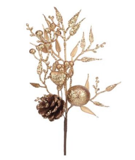 Galho Decorativo de Natal Folhas, Frutas e Pinha Dourado - Galhos Medios - Ref 1022813 Cromus