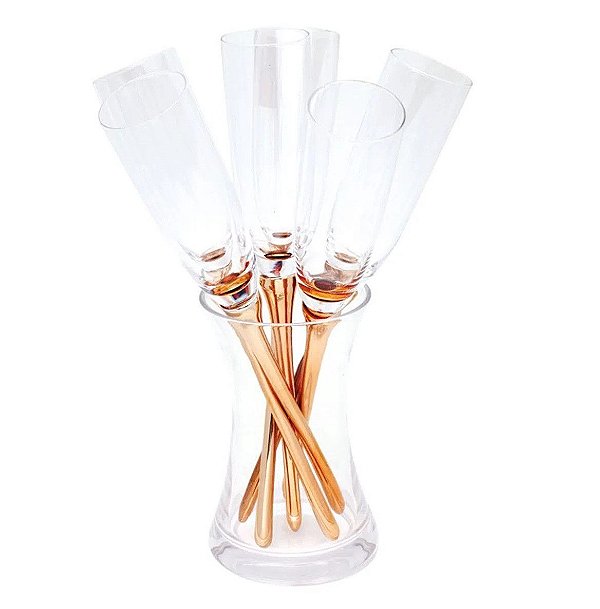 Taça Flute sem Base Incolor e Dourado 170ml Jogo com 7 Peças - Taças - Ref 1921114 Cromus