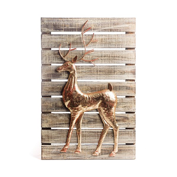 Quadro Decorativo de Madeira com Rena Metal Esquerda 60x40cm - Coleção Quadrinhos - Ref 1350621 Cromus