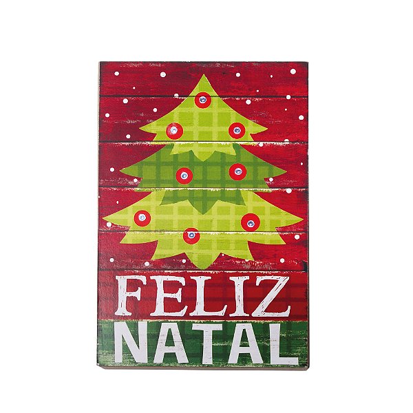 Quadro Decorativo de Madeira Árvore Feliz Natal de Led 2AA 23x15x5cm - Coleção Quadrinhos - Ref 1718707 Cromus