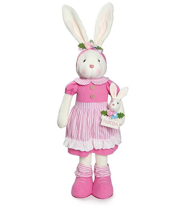 Coelha em Pé Segurando Filhote com Vestido Rosa 80cm - Coleção Espumone - Ref 1822051 Cromus