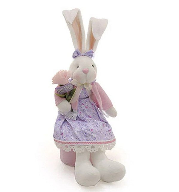 Pote de Feltro com Coelha Sentada de Vestido e Flor 45cm - Coleção Donut - Ref 1320773 Cromus