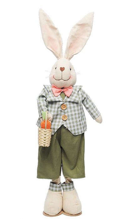 Coelho de Tecido em Pé com Paletó Xadrez Segurando Cesta 68cm - Coleção Papaya - Ref 1013290 Cromus