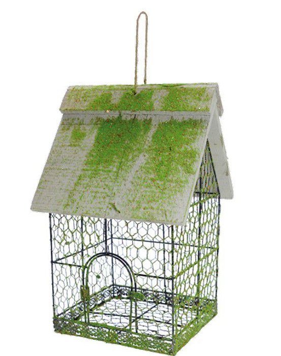 Gaiola Casinha Decorativa com Musgo no Telhado 38x24cm - Coleção Rustic - Ref 1620783 Cromus