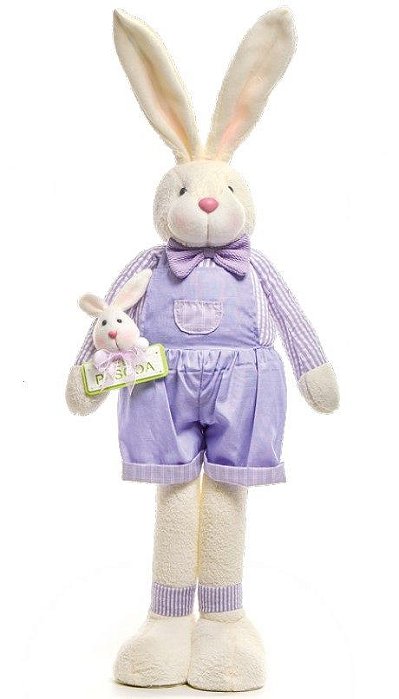 Coelho em Pé com Macacão Lilas e Placa Feliz Páscoa com Filhote 65cm - Coleção Sweet Lilac - Ref 1822478 Cromus